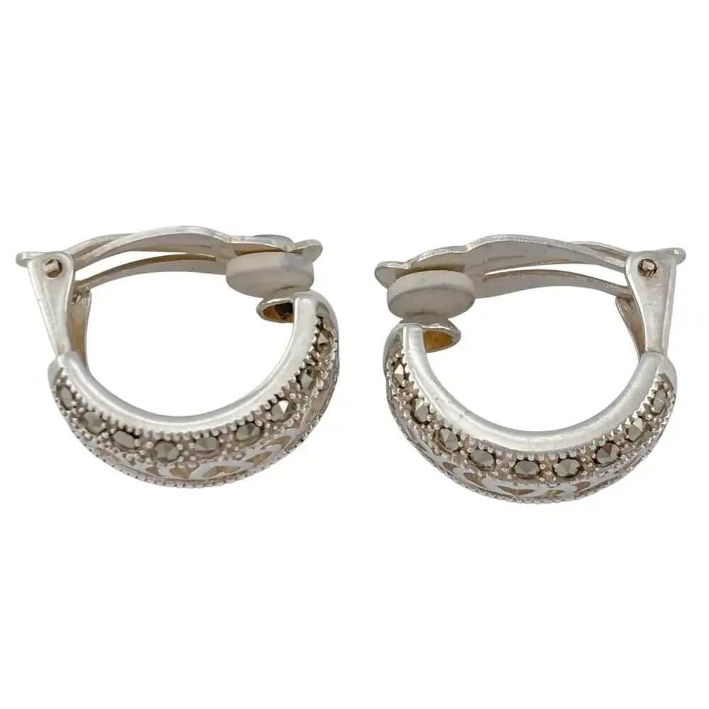 Vintage Sterling Silver 925 Marcasite Hoop Earrings